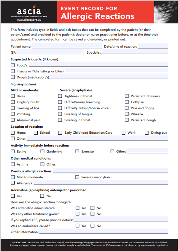 ASCIA Event record for allergic reaction