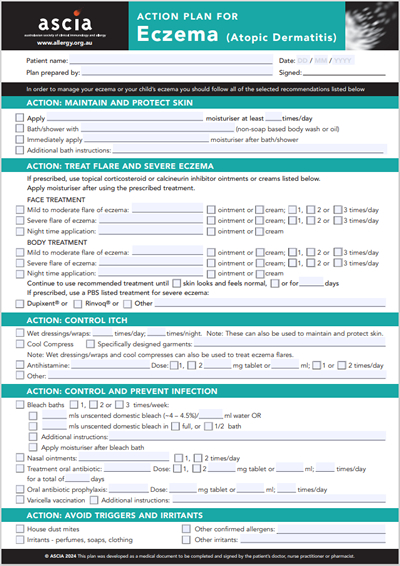 ASCIA Eczema action plan 2024 400
