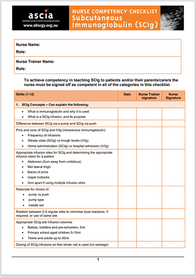 SCIg nurse competency checklist