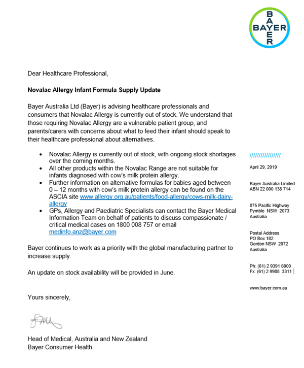 Novalac Allergy HCP Supply Update April 2019