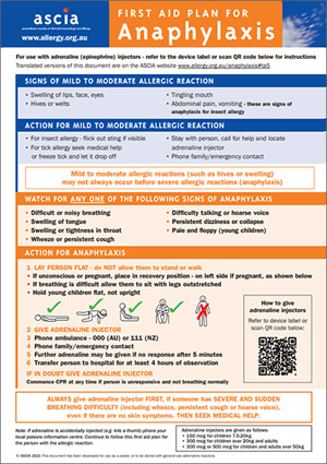 ASCIA First Aid Plans for Anaphylaxis (ORANGE) for use with any brand of adrenaline autoinjectors 2021