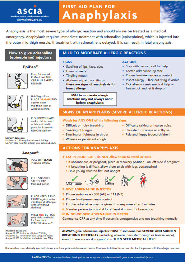 ASCIA First Aid Plan Anaphylaxis General 2023 - ReadSpeaker will audio describe text and images shown in main panel. 