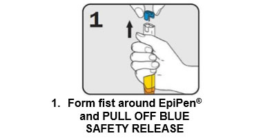 1 Form fist around EpiPen and PULLOF BLUE SAFETY RELEASE