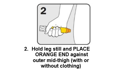 2. Hold leg still and PLACE ORANGE END against outer mid-thigh (with or  without clothing)