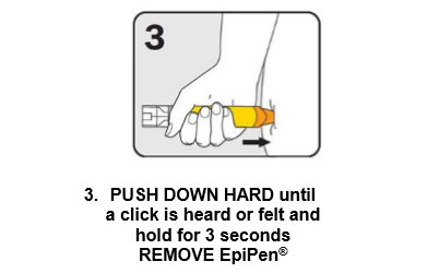 3. PUSH DOWN HARD until a click is heard or felt and hold for 3 seconds then REMOVE EpiPen
