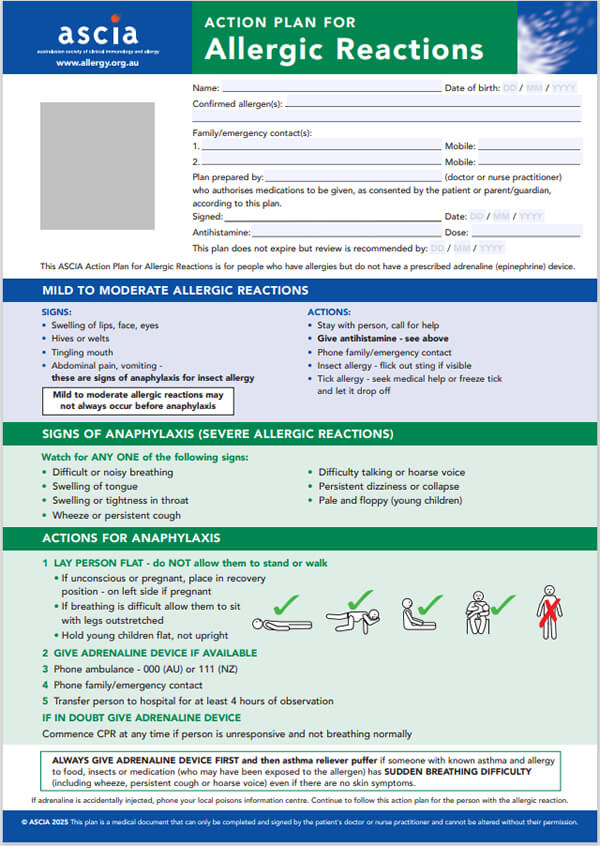 ASCIA Action Plan Allergic Reactions 2025