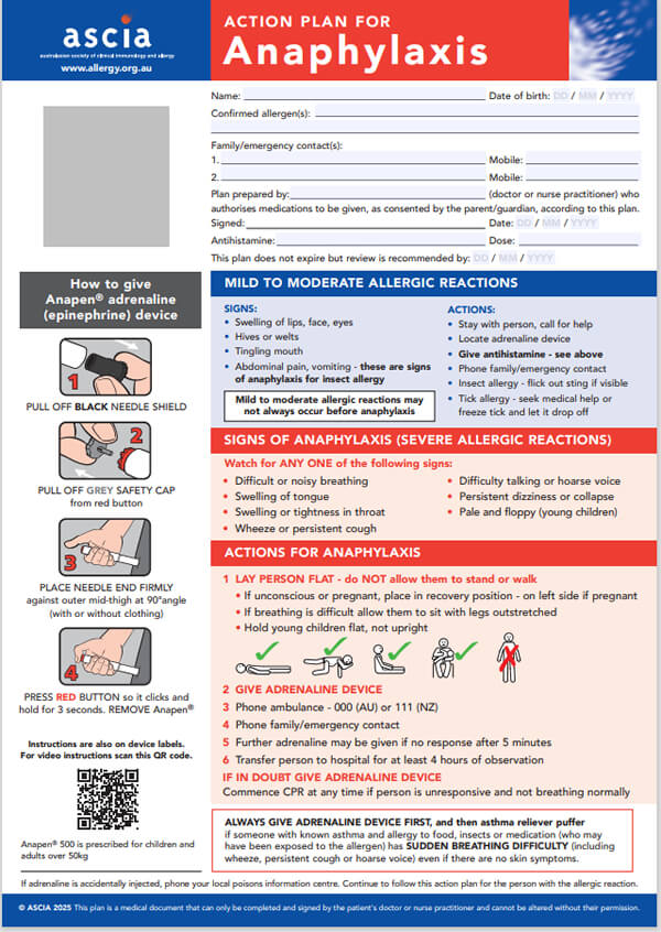 ASCIA Action Plan Anaphylaxis Anapen 2025