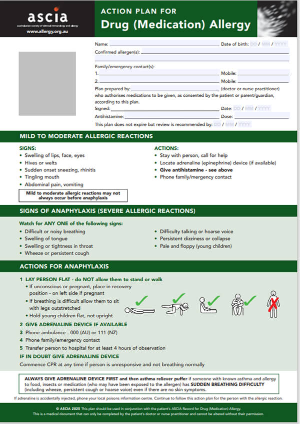 ASCIA Action Plan Drug Allergy Green 2025