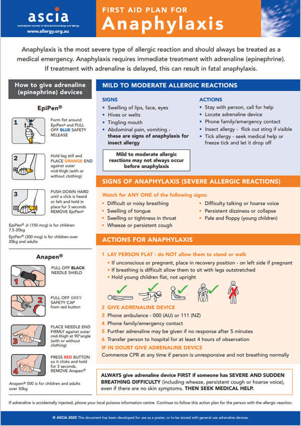 ASCIA First Aid Plan Anaphylaxis General 2025