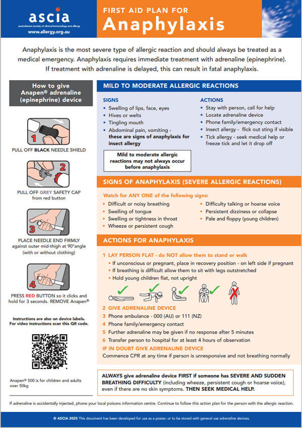 ASCIA First Aid Plan Anaphylaxis Anapen 2025