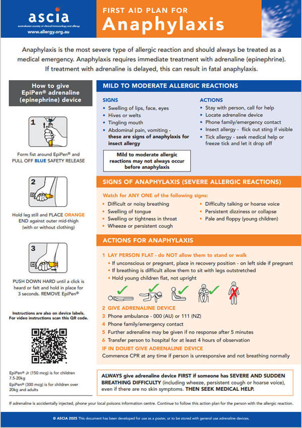 ASCIA First Aid Plan Anaphylaxis EpiPen 2025