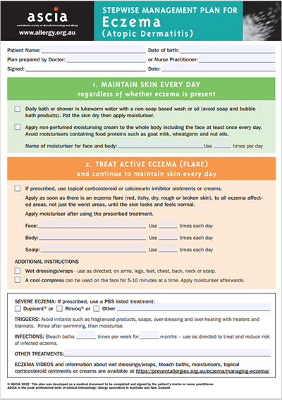 ASCIA Eczema Management Plan 2022