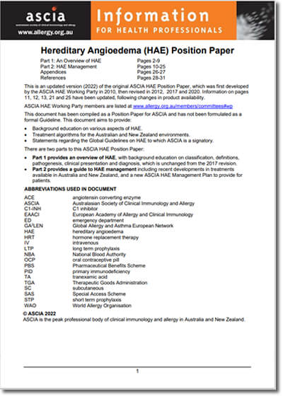 ASCIA Hereditary Angioedema Position Paper 2022